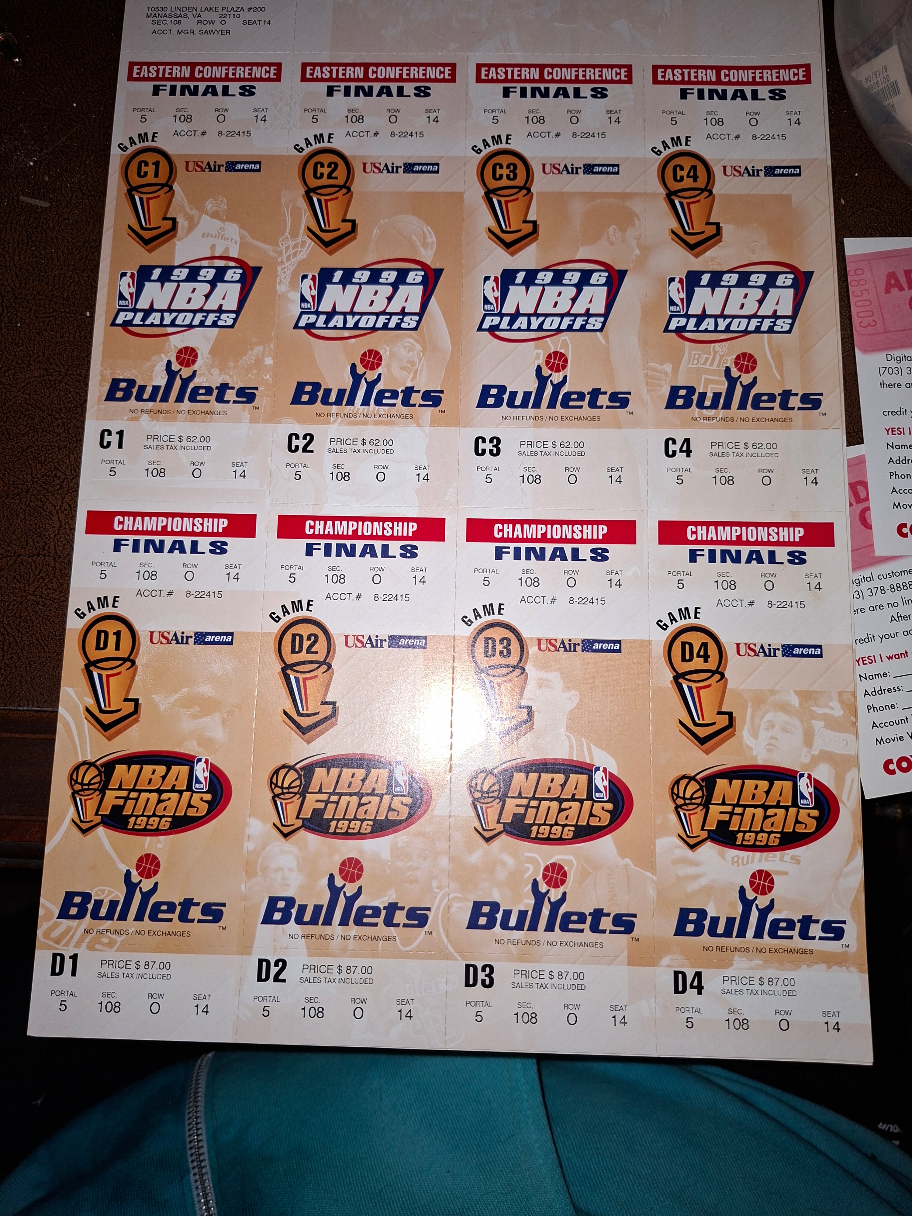 Washington Bullets 1996 Playoff Ticket Sheet